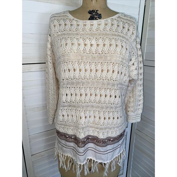 Nurture Sweaters - Nurture Cream Long Pullover Sweater Ramie Cotton Fringes Embroidery Sz Small